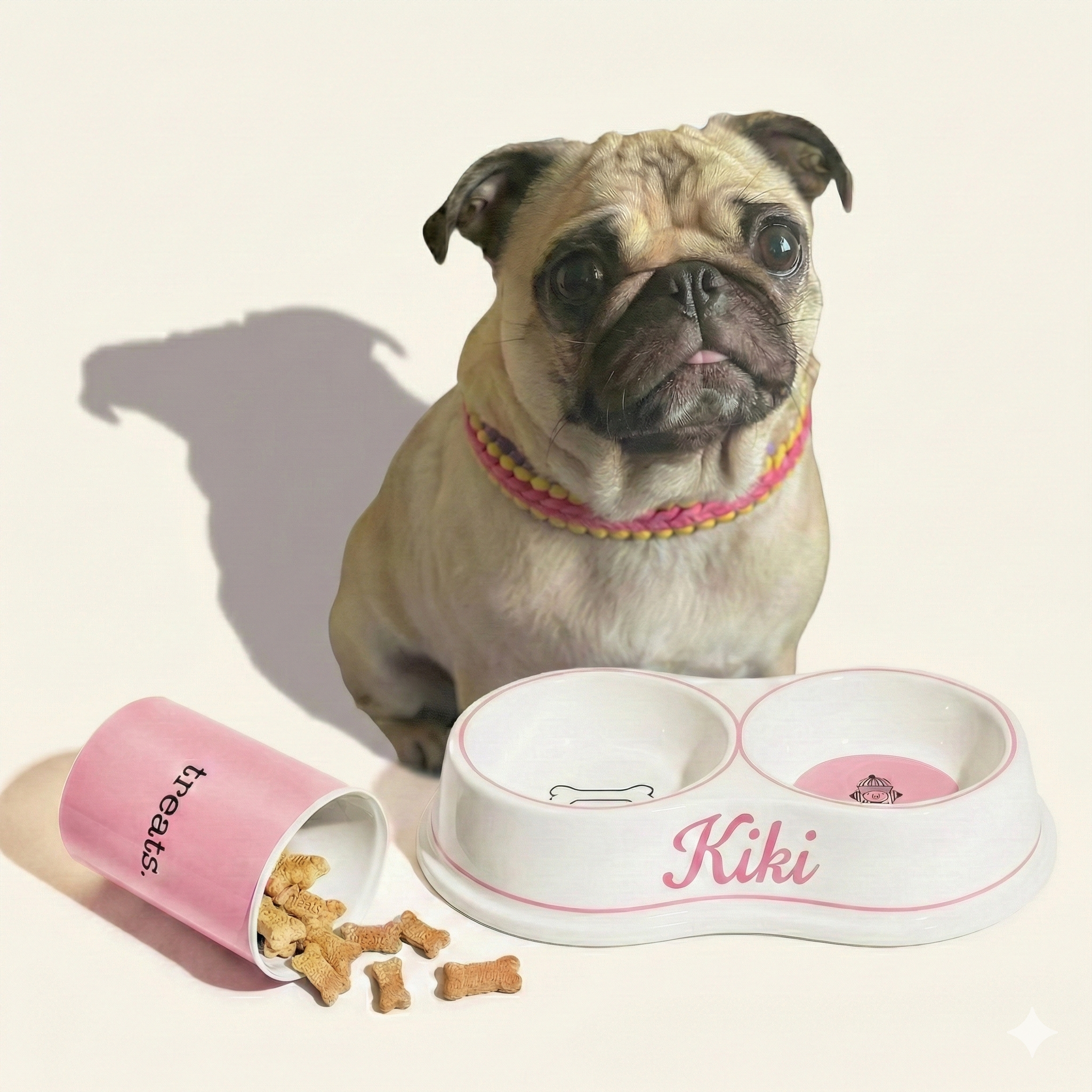 Kiki - Pug usando collar Pettopia Club con accesorios personalizados